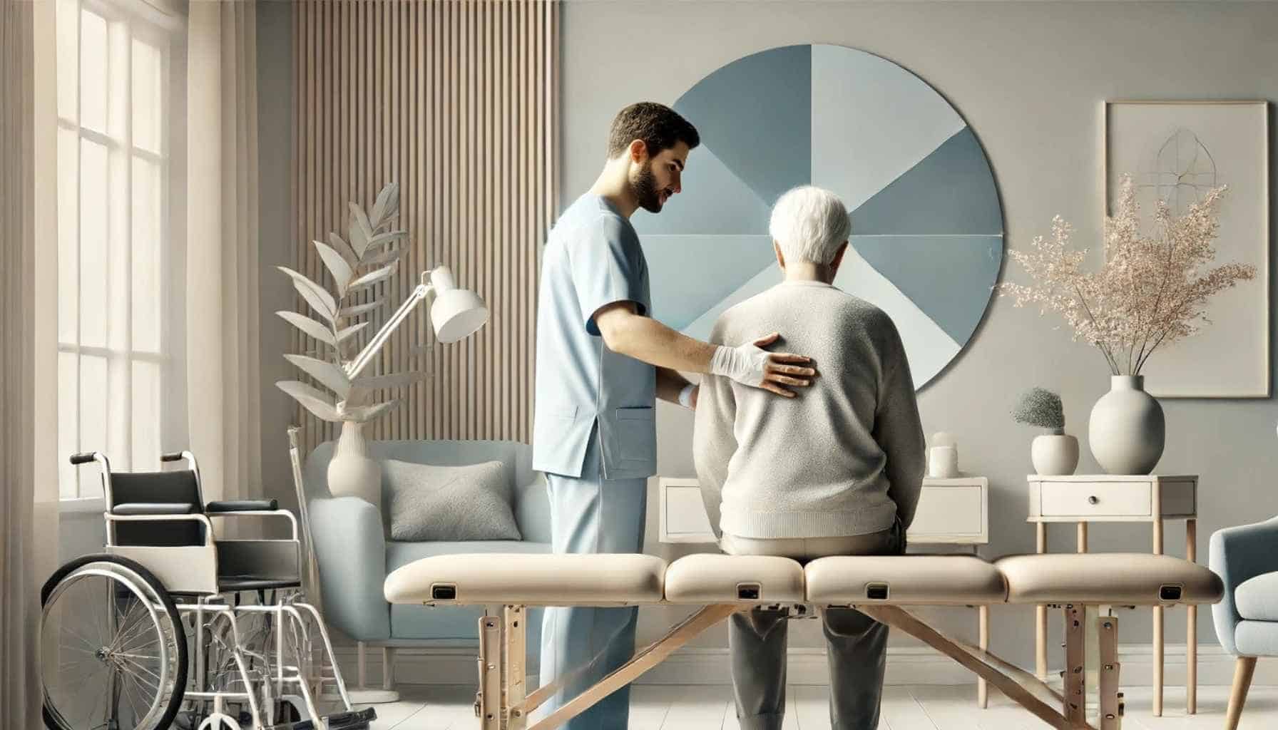 ejemplo de imagen sobre fisioterapia hecha con inteligencia artificial Imagen creada con IA de un fisioterapeuta con persona mayor en una clínica